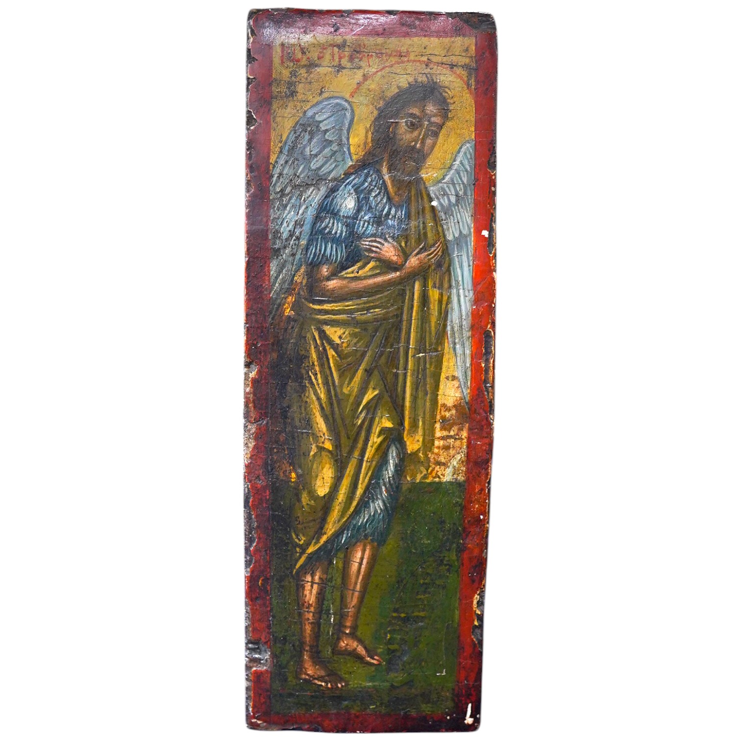 A Cretan Icon, 17th Century, 23cm x 7.5 cm. Condition - minor chips to front
